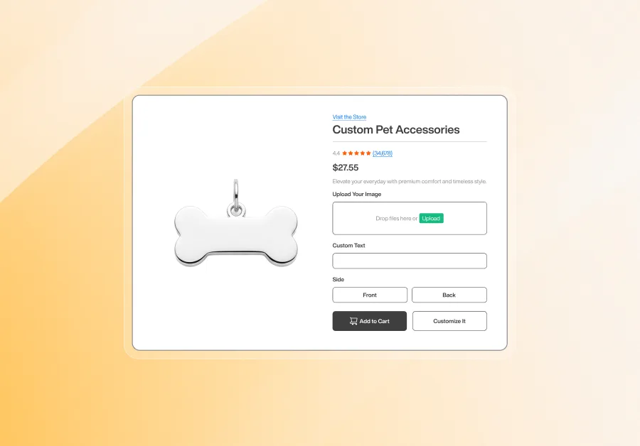 Custom pet accessories product page featuring a bone-shaped pet tag, price, rating, image upload option, custom text field, front and back selection, and Add to Cart button on a gradient background.