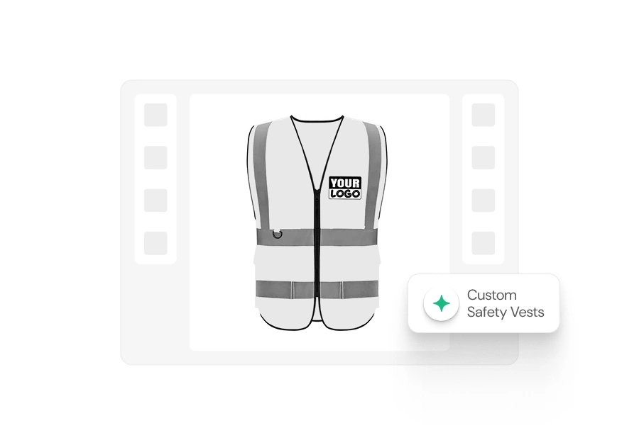Mockup of a customizable high-visibility safety vest with reflective stripes displayed in a product design interface, featuring a “Your Logo” placeholder on the chest