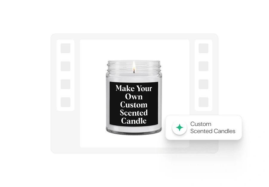 Mockup of a customizable scented candle in a clear glass jar displayed in a product design interface, featuring a black label that reads “Make Your Own Custom Scented Candle”