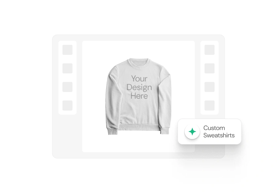 Mockup of a customizable light grey crewneck sweatshirt displayed in a product design interface, featuring the text “Your Design Here”