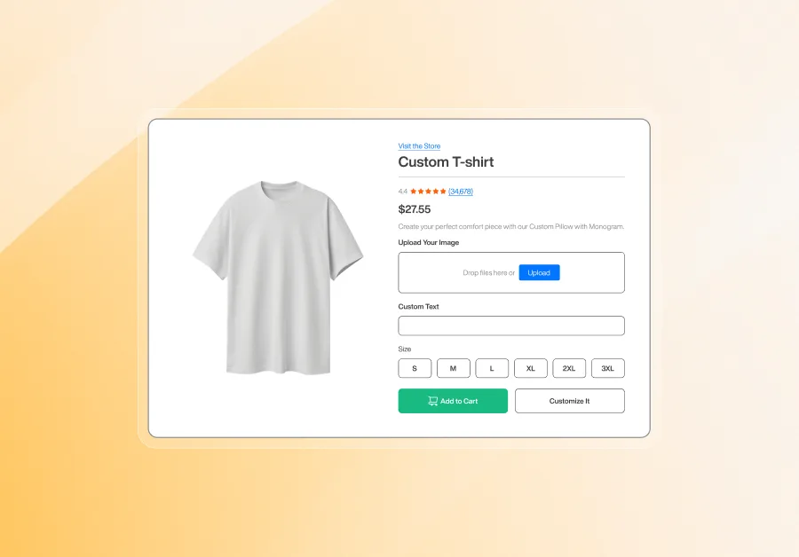 Custom T-shirt product page showing price, rating, image upload option, custom text field, size selection (S–3XL), and Add to Cart button on a soft gradient background.