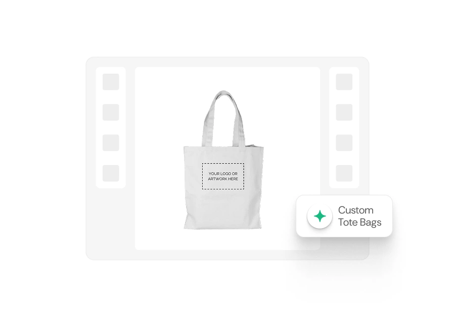 A product mockup displaying a plain white canvas tote bag centered on a light gray filmstrip-style frame. The bag features a dashed rectangular placeholder labeled "YOUR LOGO OR ARTWORK HERE."