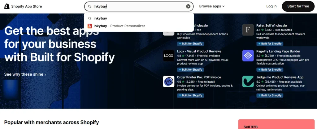 Shopify App Store homepage with “Inkybay” typed in the search bar and “Inkybay – Product Personalizer” shown in the dropdown results