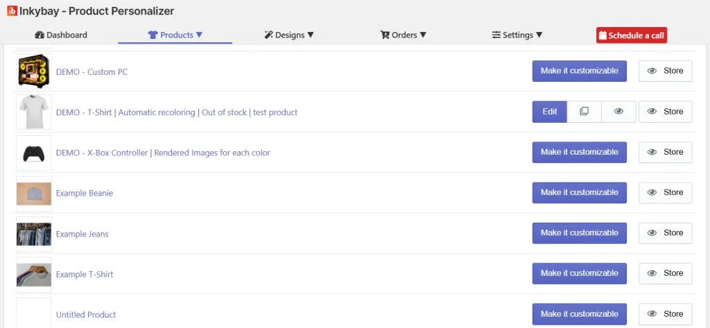 Inkybay Product Personalizer app dashboard in Shopify showing a list of products with “Make it customizable” and “Store” buttons next to each item.