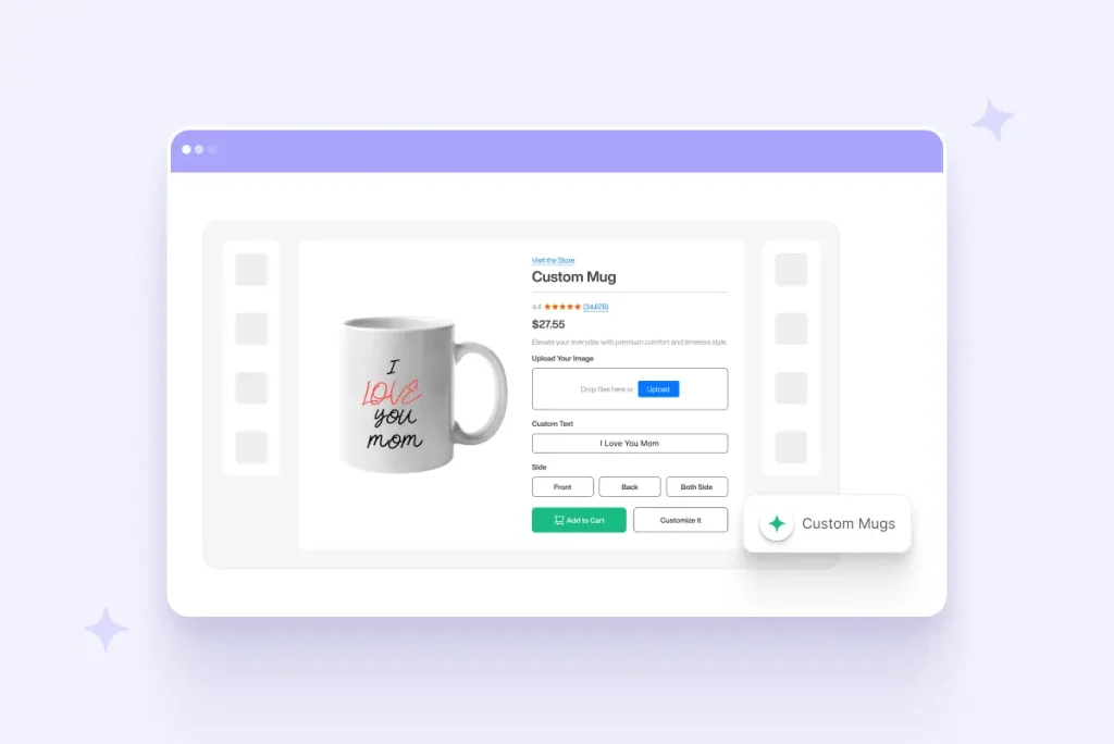 Custom white ceramic mug printed with 'I Love You Mom' displayed on a product customization page with options to add a photo and personalized text.