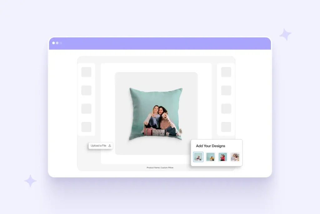 Custom photo throw pillow featuring two women celebrating Mother's Day, shown on a product customization page with photo upload and design selection options.