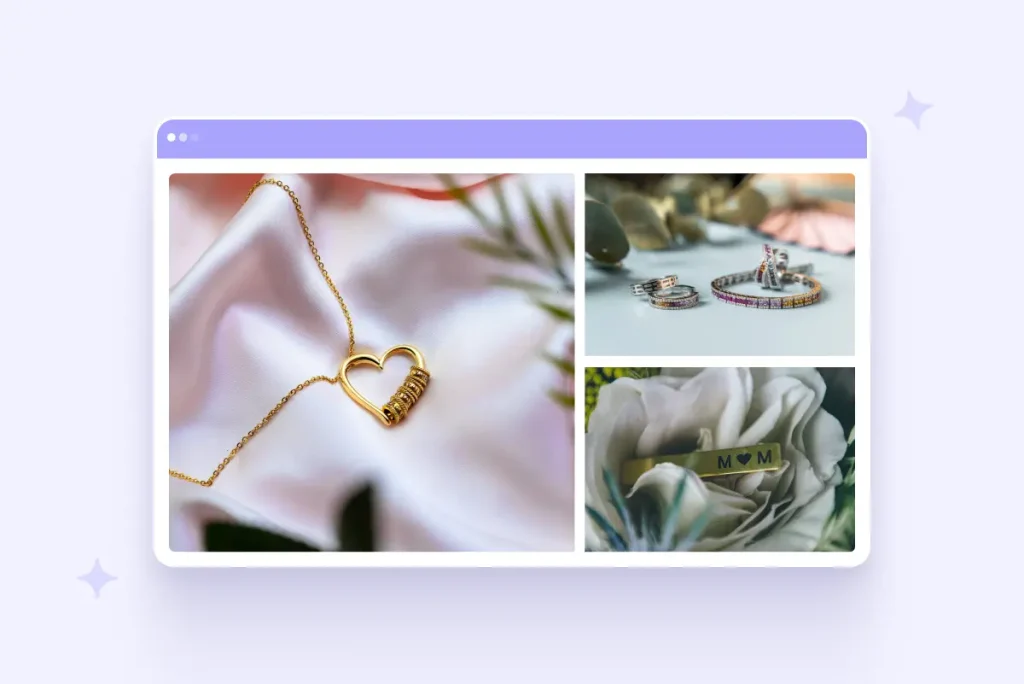 Personalized Mother's Day jewelry collection featuring an engraved gold heart necklace, colorful gemstone stackable rings, and an engraved 'M♥M' gold bar pendant.