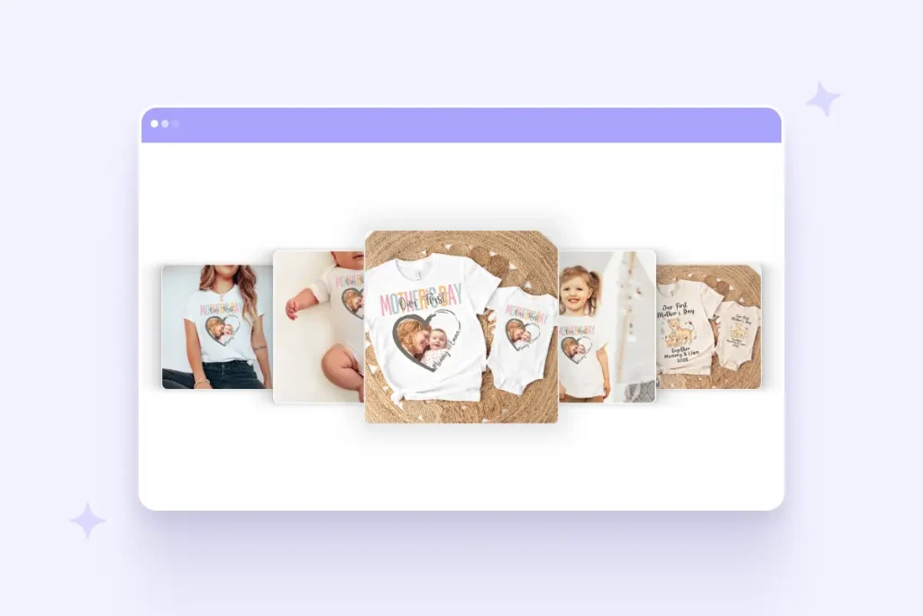Personalized Mother's Day apparel collection featuring custom photo T-shirts, matching mom-and-baby onesie sets, and 'Our First Mother's Day' keepsake outfits.